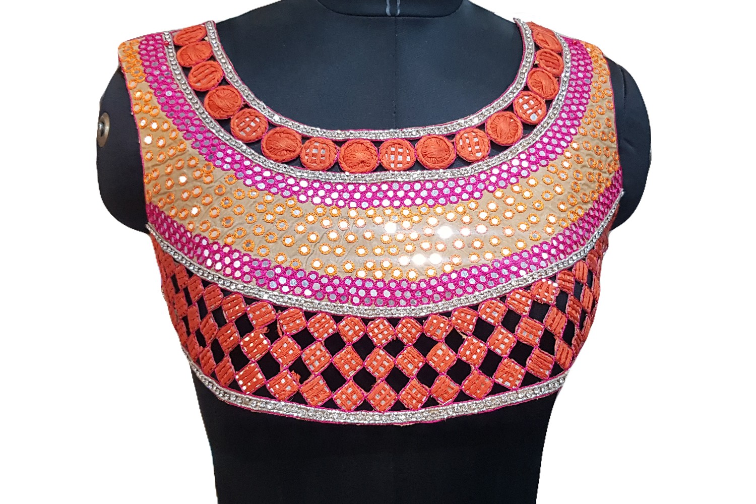 Orange Color Mirror Work Designer Neck Patch Applique with Sleeves for  Suits Blouse Dresses etc. - Designers Need