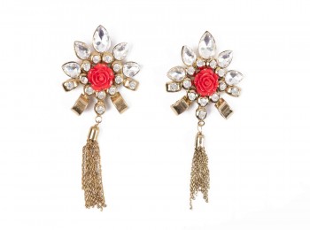 Red-Golden color Flower Shape Brooch With Stones BRCH0011A
