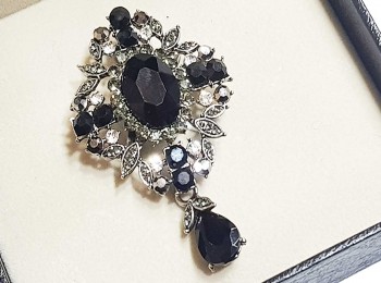 Black-Metallic Grey Color Stone Work Fancy Brooch-sold with box