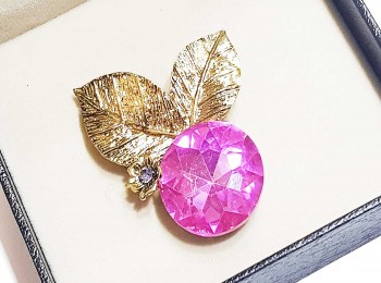 Pink Golden Color Round Crystal Stone Work Fancy Brooch-Sold with box
