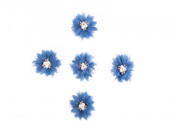 Blue Color Artificial Organza Fabric Flower with Pearl Stones