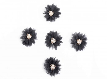 Black Color Artificial Organza Fabric Flower with Pearl Stones