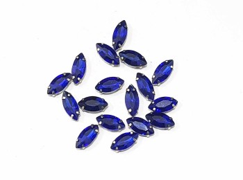 Royal Blue Color Eye Shape Sew-on Crystal Glass Stones With Clip Frame - 15 x 7 mm