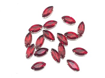 Red Color Eye Shape Sew-on Crystal Glass Stones With Clip Frame - 15 x 7 mm