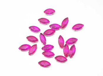 Magenta Color Eye Shape Sew-on Crystal Glass Stones With Clip Frame - 15 x 7 mm