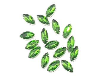 Grass Green/Fern Green Color Eye Shape Sew-on Crystal Glass Stones With Clip Frame - 15 x 7 mm