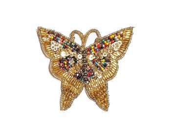 Golden Color Multi Beads Work Butterfly Hand Embroidery Patch