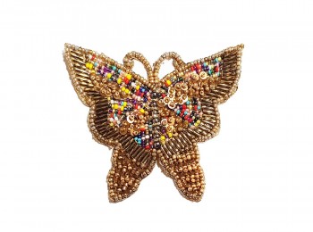 Dull Golden Color Multi Beads Work Butterfly Hand Embroidery Patch