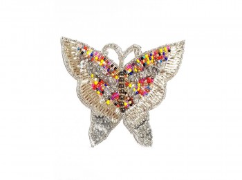 White Color Multi Beads Work Butterfly Hand Embroidery Patch