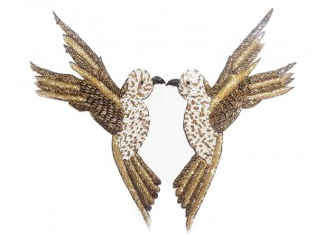 Golden-White Beads And Sequins Work Bird Shape Hand Embroidery Patch