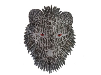Metallic Grey Color Lion Face Design Beads Work Designer Fancy Embroidery Patch