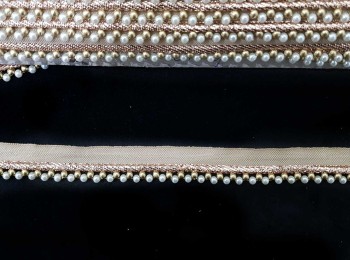 Off-White and Golden Beads With Rose Gold Piping Beaded Pearl Lace, Moti Lace for Dupatta, Suits etc. 4mm and 6mm Bead Size