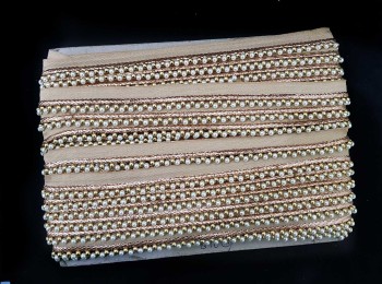 Off-White and Golden Beads With Rose Gold Piping Beaded Pearl Lace, Moti Lace for Dupatta, Suits etc. 4mm and 6mm Bead Size
