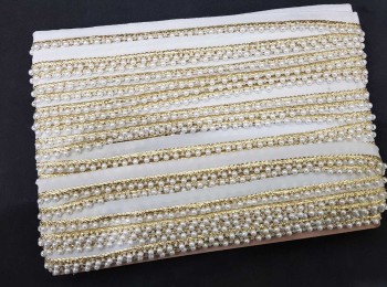 Off-White Color With Golden Piping Beaded Pearl Lace, Moti Lace for Dupatta, Suits etc. 4mm Bead Size
