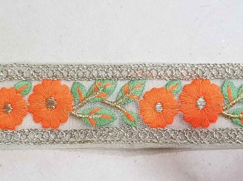 Neon Orange color Thread Work Fancy Border/Lace With Net Base