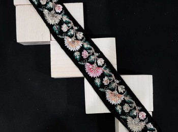 Black Color Multi Floral Thread Work Lace With Velvet Base