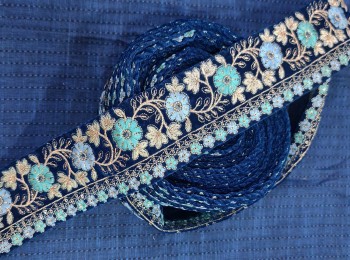 Blue Color Floral Thread Work Lace Velvet Lace