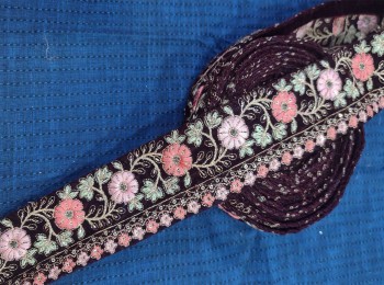 Maroon Color Floral Thread Work Lace Velvet Lace