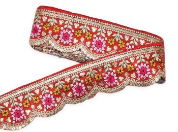Red Color Flower Design Thread Work Scallop Lace / Border