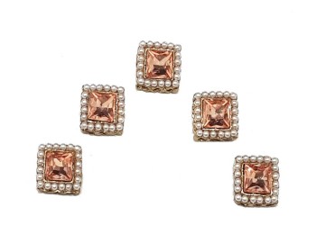 Peach Color Square Shape Rhinestone and Pearl Work Fancy Buttons