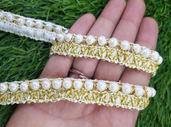 White Golden Pearl Lace for Suits, Lehenga and Dupatta etc.