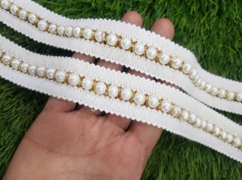 White Golden center pearl Lace for dupatta ladies' suits