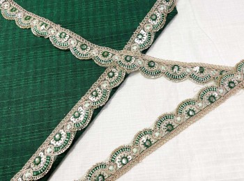 Dark Green Zari Lace Bridal Lace for Dupatta, lehnga etc. Cutwork Zari Lace