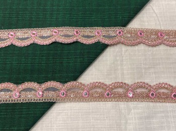 Pink - Golden Zari Lace Bridal Lace for Dupatta, lehnga etc. Cutwork Zari Lace